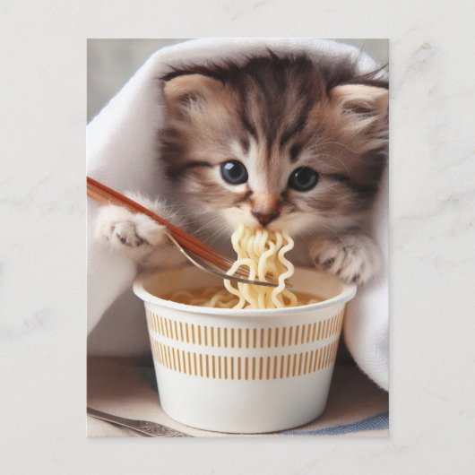 Carte Postale Chaton adorable mangeant des nouilles Ramen (Devant)