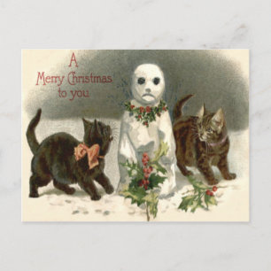 Carte Postale Chaton Curieux Bonhomme de Neige Couronne de Houx