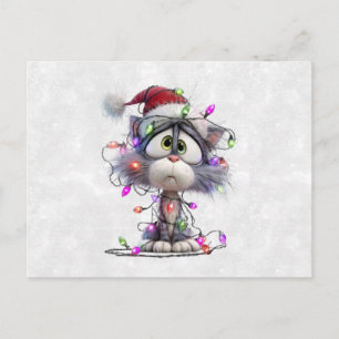 Carte Postale Chaton de Noël emmêlé dans les lumières