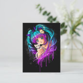 Carte Postale Chaton et fille Manga avec tresses (Debout devant)