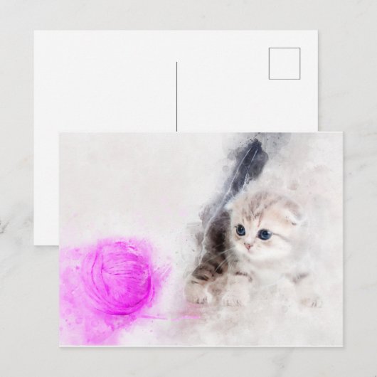 Carte Postale Chaton jouant avec une boule de fil rose aquarelle (Devant / Derrière)