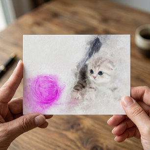 Carte Postale Chaton jouant avec une boule de laine rose à l'aqu