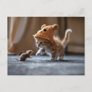 Carte Postale Chaton jouant avec une petite souris