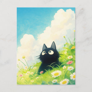 Carte Postale Chaton noir dans un pré ensoleillé de marguerites