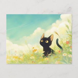 Carte Postale Chaton noir dans une ensoleillée prairie estivale 