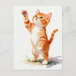 Carte Postale Chaton orange tabby charmant à l'aquarelle qui ten