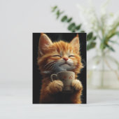 Carte Postale Chaton roux adorable avec un café (Debout devant)