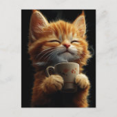 Carte Postale Chaton roux adorable avec un café (Devant)