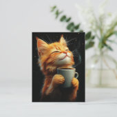 Carte Postale Chaton roux adorable avec un café (Debout devant)