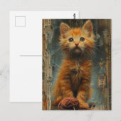 Carte Postale Chaton roux Collage de fil Mixte (Devant / Derrière)