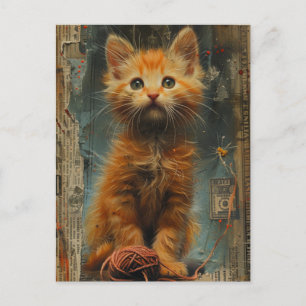 Carte Postale Chaton roux Collage de fil Mixte