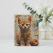 Carte Postale Chaton roux Collage de fil Mixte (Debout devant)