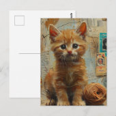 Carte Postale Chaton roux Collage de fil Mixte (Devant / Derrière)