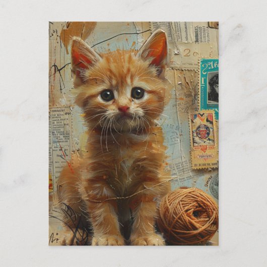 Carte Postale Chaton roux Collage de fil Mixte (Devant)