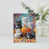 Carte Postale Chatons d'Halloween et bol de bonbons Citrouille (Debout devant)