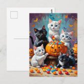 Carte Postale Chatons d'Halloween et bol de bonbons Citrouille (Devant / Derrière)