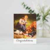 Carte Postale Chatons femelles et chien retriever buvant du lait (Debout devant)