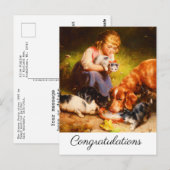 Carte Postale Chatons filles et chien retriever buvant du lait (Devant / Derrière)