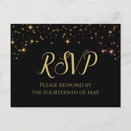Carte Postale Chatoyant Sparkles Gold & Black Wedding RSVP (Devant)