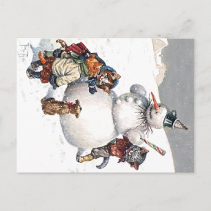 Carte Postale Chats adorables Construire un bonhomme de neige