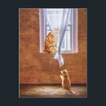 Carte Postale Chats chattes à la tablette orange<br><div class="desc">Orange chat tabby assis dans la fenêtre pendant qu'un chaton tabby orange le regarde ou peut-être pense juste à jouer avec la carte postale des amoureux de les chats de rideaux</div>