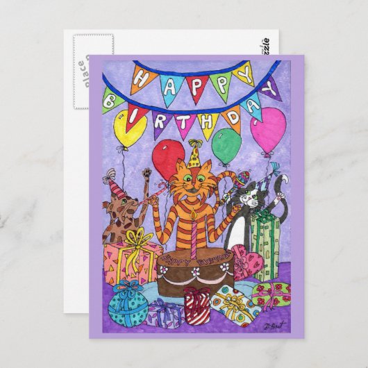 Carte Postale Chats colorés Anniversaire (Devant / Derrière)