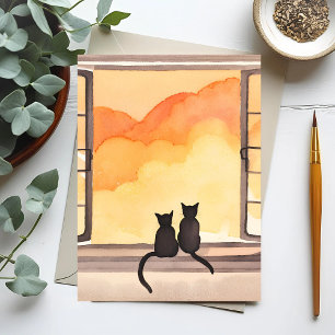 Carte Postale Chats dans la fenêtre   Silhouette de l'aquarelle 