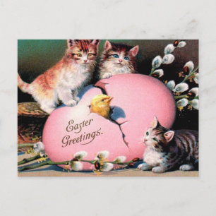 Carte Postale Chats de Pâques vintages Chick et OEuf de Pâques