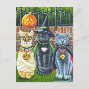 Carte Postale Chats d'Halloween en costume - Art à l'aquarelle
