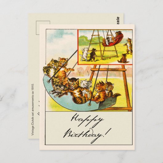 Carte Postale Chats drôles rétro jouant sur une balançoire Joyeu (Devant / Derrière)