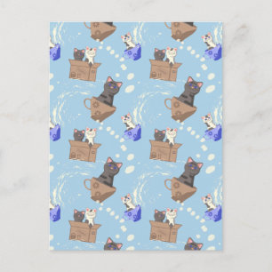 Carte Postale Chats en boîte et gouttes de lait sur bleu