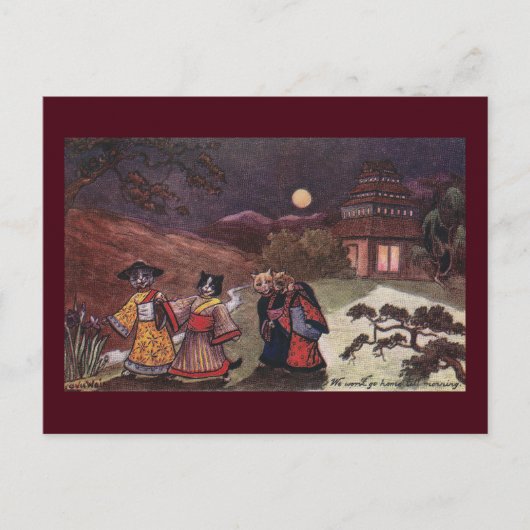 Carte Postale Chats en Kimonos Promenade nocturne (Devant)