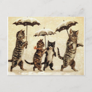 Carte Postale Chats en neige avec parapluies
