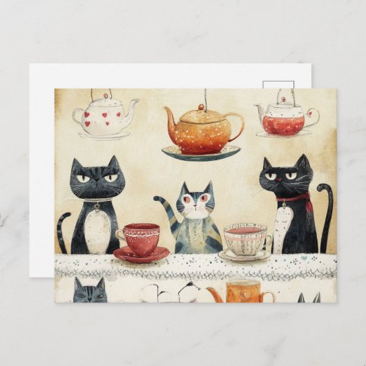 Carte Postale Chats en pot de thé Whimsical (Devant / Derrière)