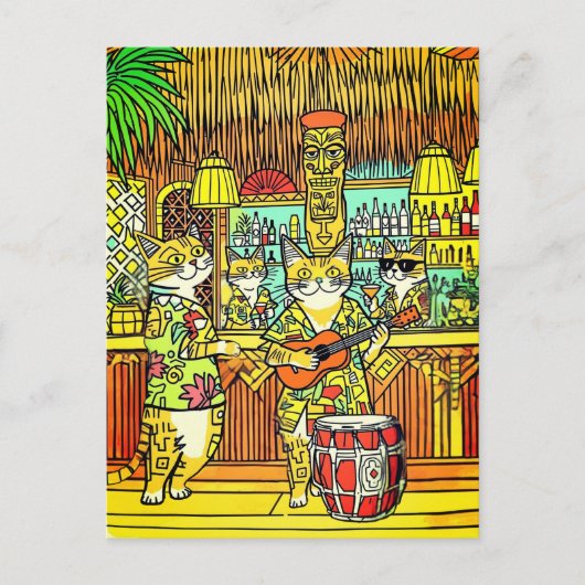 Carte Postale Chats en vacances sur une île dans un Tiki Bar (Devant)