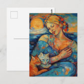 Carte Postale Chats et femme endormie à la plage (Devant / Derrière)