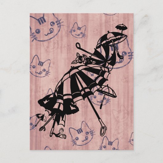 Carte Postale Chats Façades Parasols Parasols Dessin d'art d'enc (Devant)
