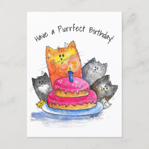 Carte Postale Chats Fantaisistes avec Gâteau d'Anniversaire