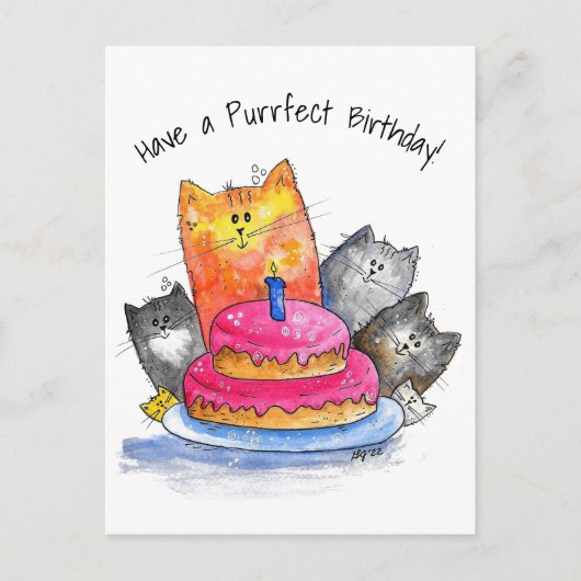 Carte Postale Chats fantaisistes avec gâteau d'anniversaire (Devant)