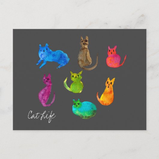Carte Postale Chats fous colorés en aquarelle (Devant)