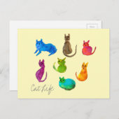 Carte Postale Chats fous colorés en aquarelle (Devant / Derrière)