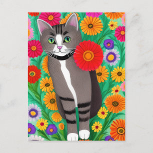 Carte Postale Chats gris et blanc fantaisistes et fleur rouge