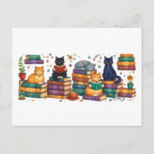 Carte Postale Chats lisant des livres Scène de bibliothèque cosy