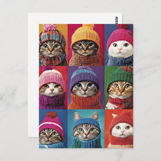 Carte Postale Chats mignons en Casquette d'hiver Écarts Animaux  (Devant / Derrière)