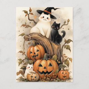 Carte Postale Chats mignons et chatons en Citrouille d'Halloween
