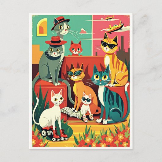 Carte Postale Chats modernes du milieu du siècle en vacances (Devant)