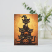 Carte Postale Chats noirs d'Halloween assis sur des Citrouilles. (Debout devant)