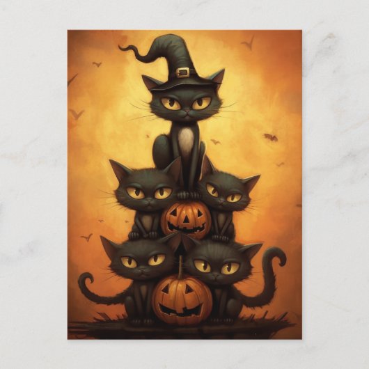 Carte Postale Chats noirs d'Halloween assis sur des Citrouilles. (Devant)