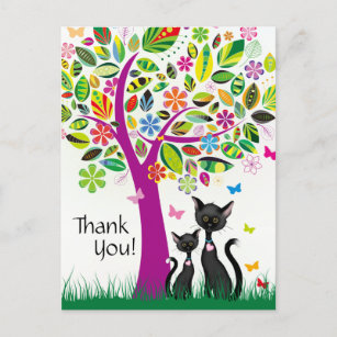 Carte Postale Chats noirs mignons et Merci d'arbre à fleurs colo