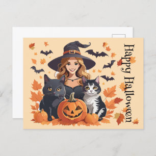 Carte Postale Chats sorciers chauves-souris et Halloween Citroui